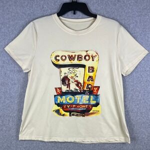 Cowboy Bar & Motel Graphic Shirt Womens L Cream Western Retro Vintage Style Boho